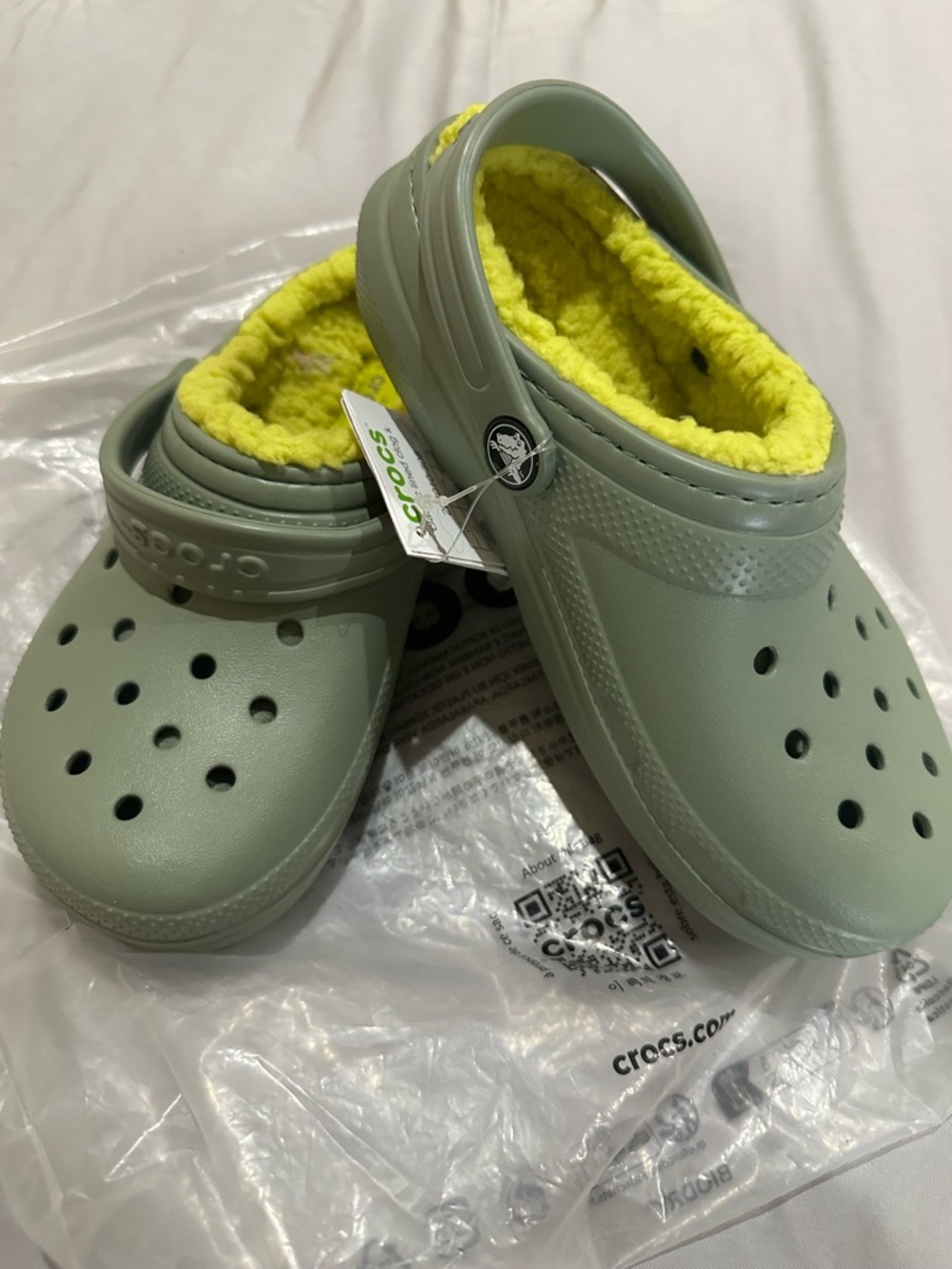 CROCS Kids' Lined Clog in Sage Green with Neon Yellow Lining